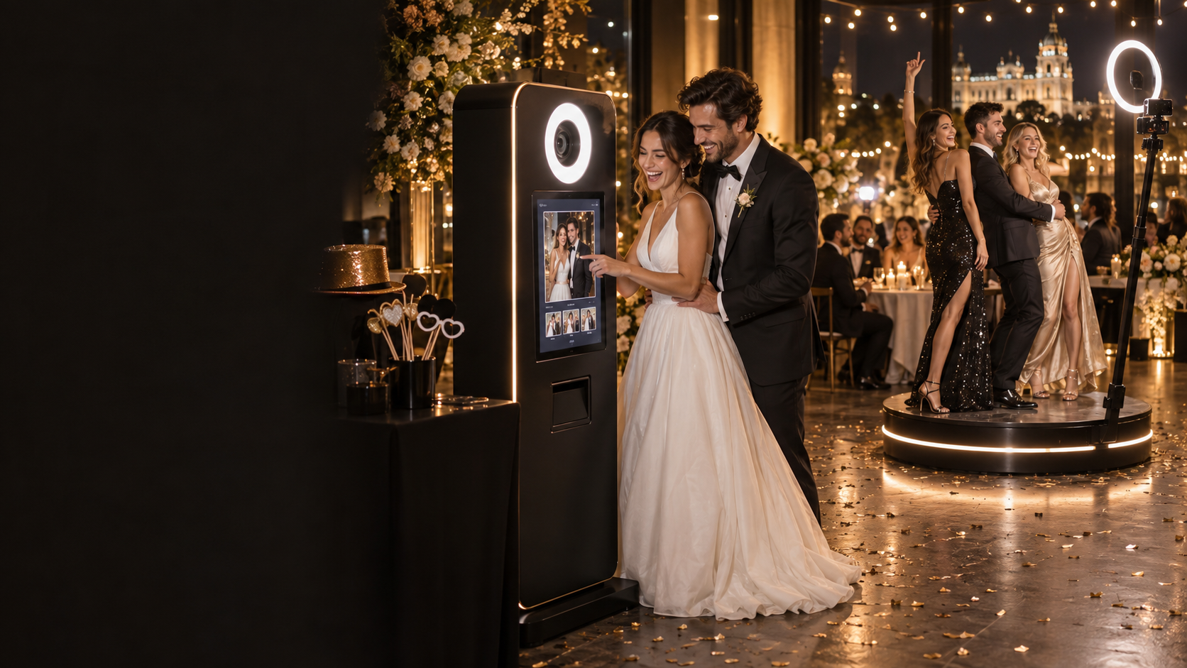 Pareja disfrutando de un fotomatón y una plataforma 360 grados en su boda